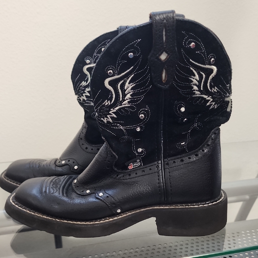 Justin Gypsy Mandira Black Leather Western Boots White Stitching Studs